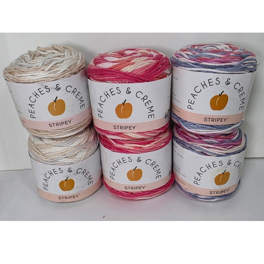 Peaches & Creme Stripey Cotton Yarn 6 Cakes Linen Pink Beach House Worsted 4-Ply